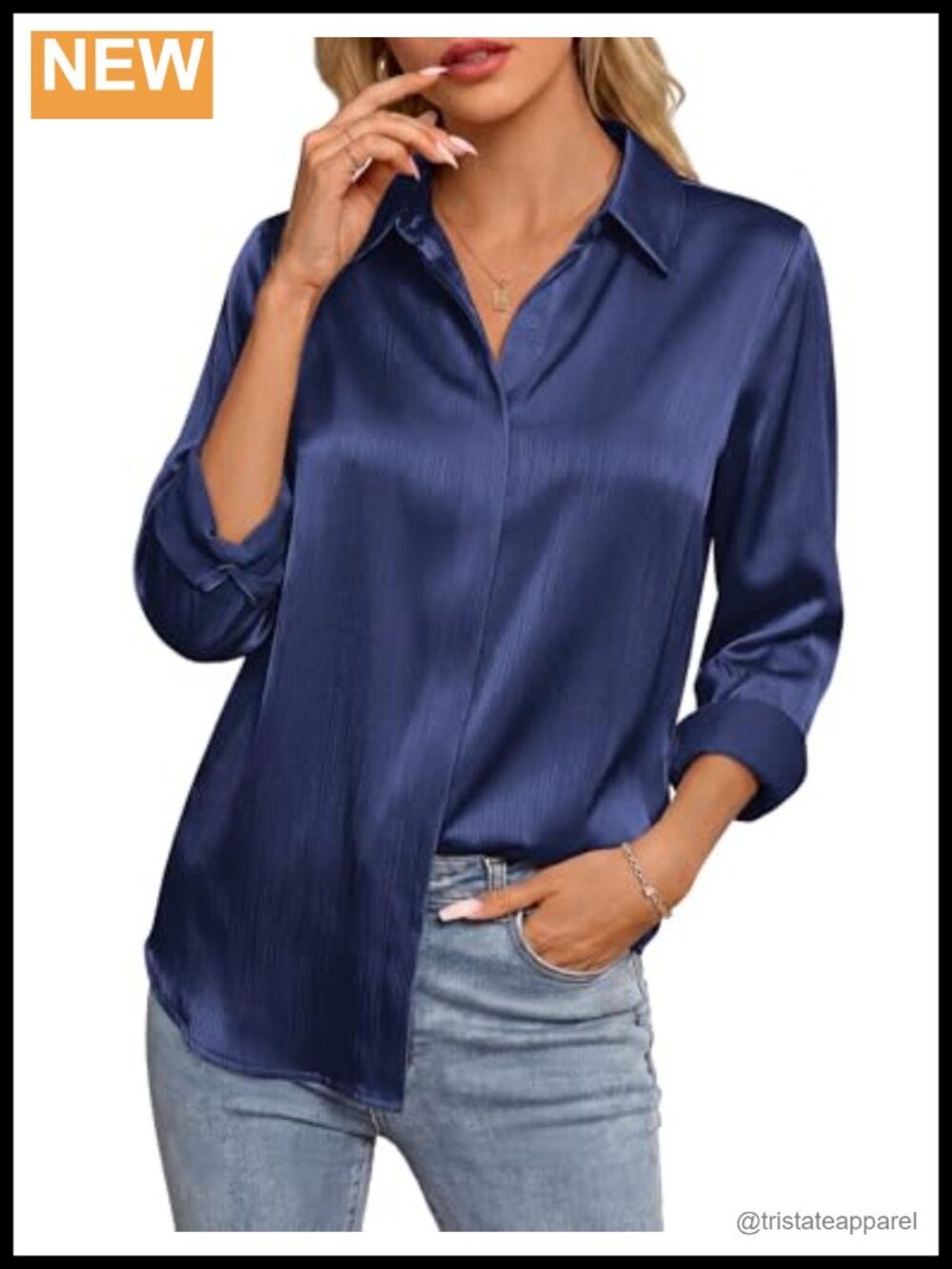 Silky Satin Button Down Blouse Long Sleeve Work Shirt Slim Fit